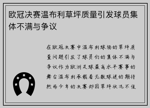 欧冠决赛温布利草坪质量引发球员集体不满与争议